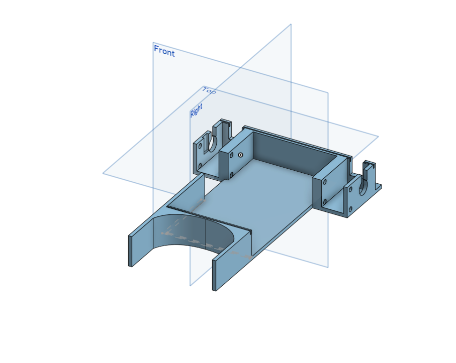 CAD model of the printed chassis: a flat base with bracket walls and a curved cutout on one end.