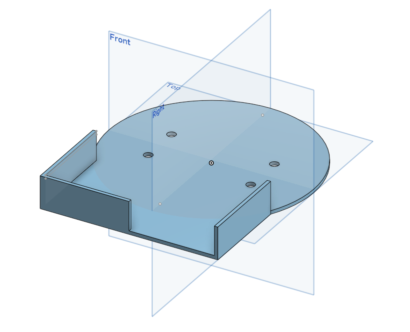 CAD model of a round base plate with mounting holes and a rectangular channel along one straight edge.