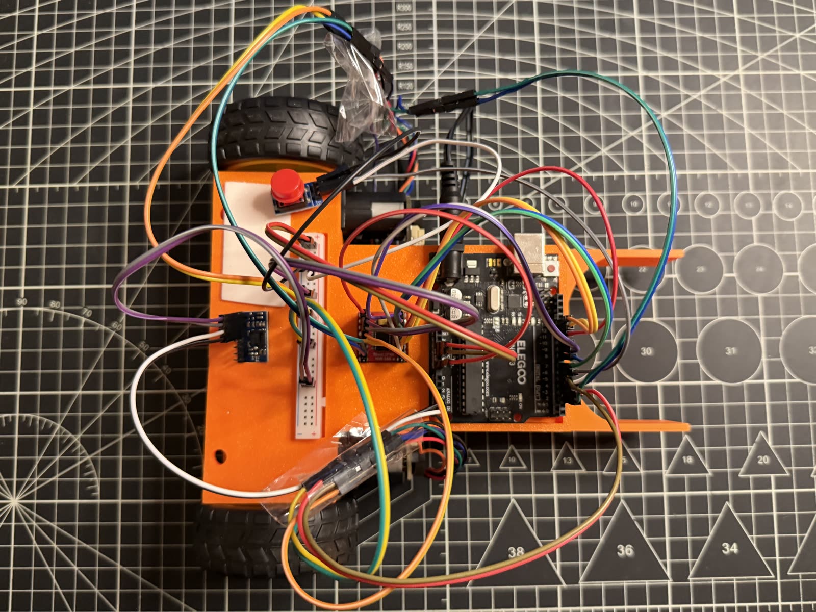 Top-down view of the wiring, breadboard, and Arduino.